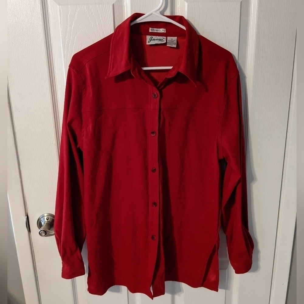 Vintage Faux Suede Joanna Stretch Oversized Red Button Up‎ Blouse Size Medium